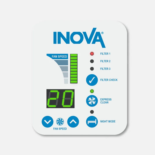 An example of an INOVA DE20 air purifier digital control panel.